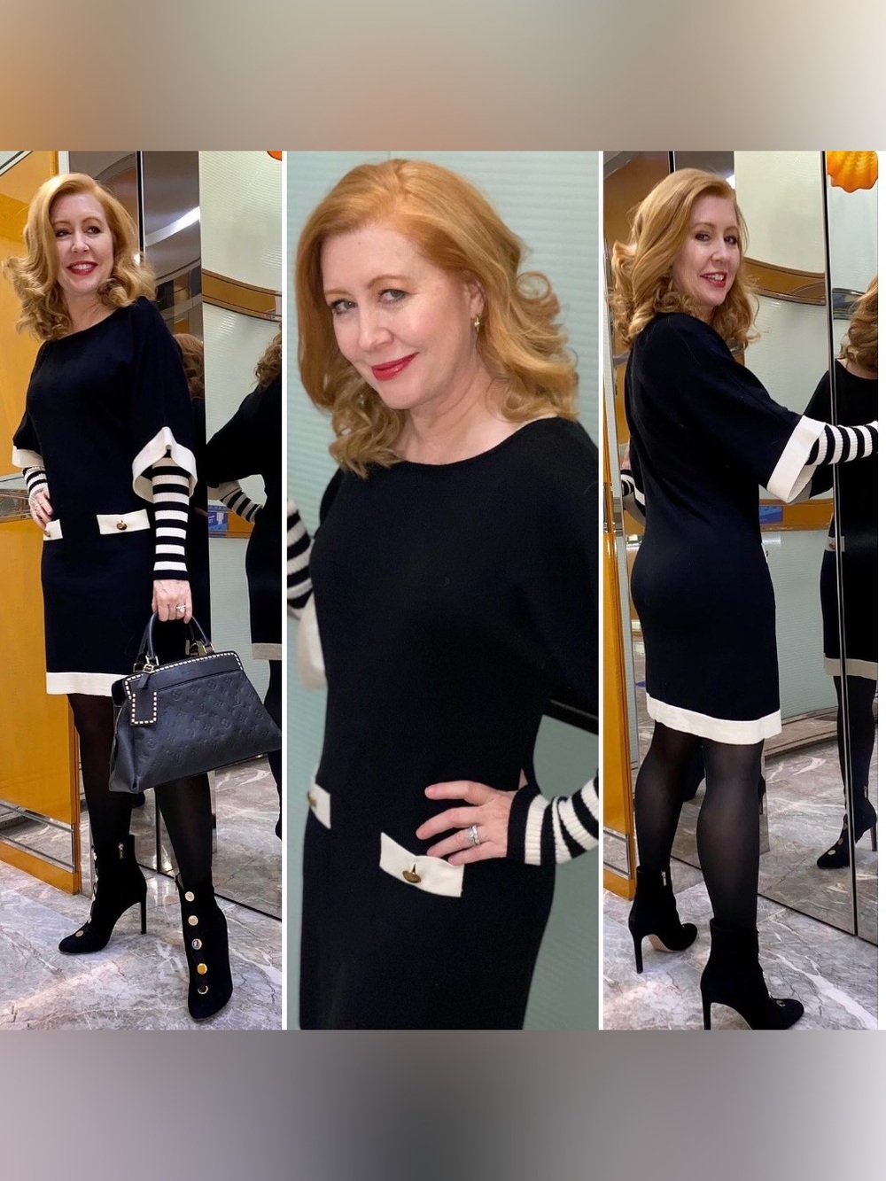 LUISA SPAGNOLI Black & White Knit Dress with striped arm warmers -LIKE NEW